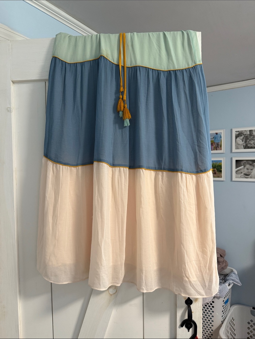 LOFT Colorblock Tiered Skirt in Mint, Blue & Blush with Mustard Tassel